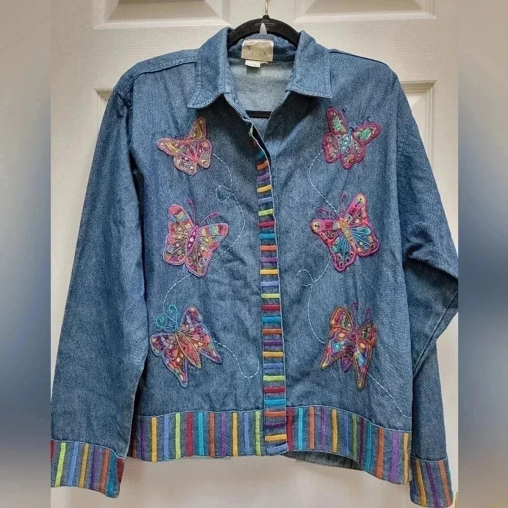 Yak Magik Vintage Made In Nepal Women's Embroidered Denim Y2K Jacket Size Large